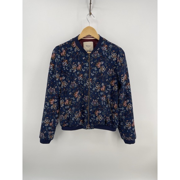 Zara Jackets & Blazers - Zara Trafaluc Women's Floral Bomber Jacket Blue Zip Up Lightweight Size M